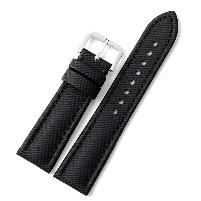 Sailcloth Nylon Watch Strap - Black with White Stitches