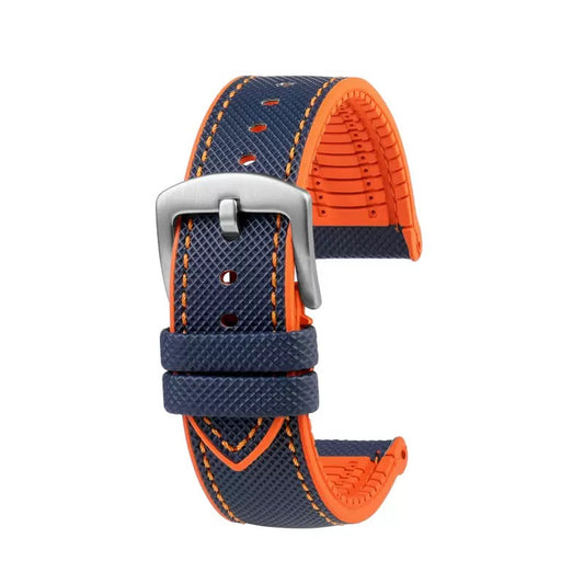 Sailcloth and FKM Watch Strap - Blue with Orange Stitches