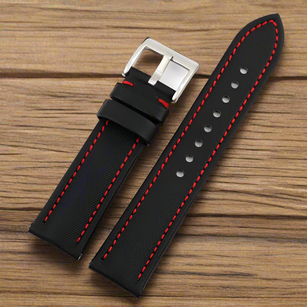 Sailcloth Nylon Watch Strap - Black with Black Stitches