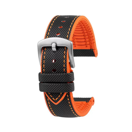 Sailcloth and FKM Watch Strap - Black with Orange Stitches