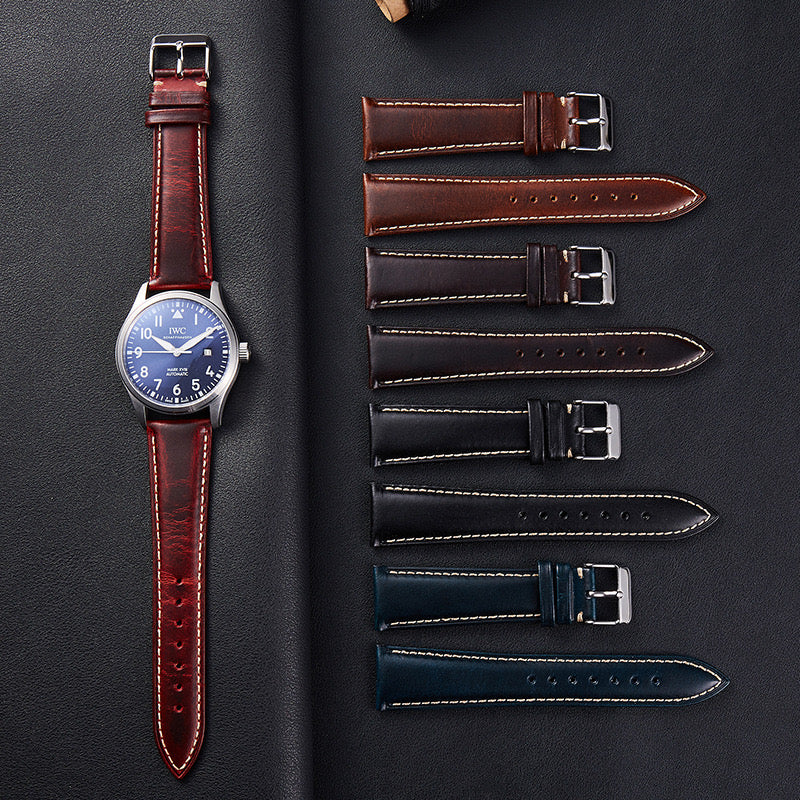 Leather Watch Strap with Stitches - Dark Blue