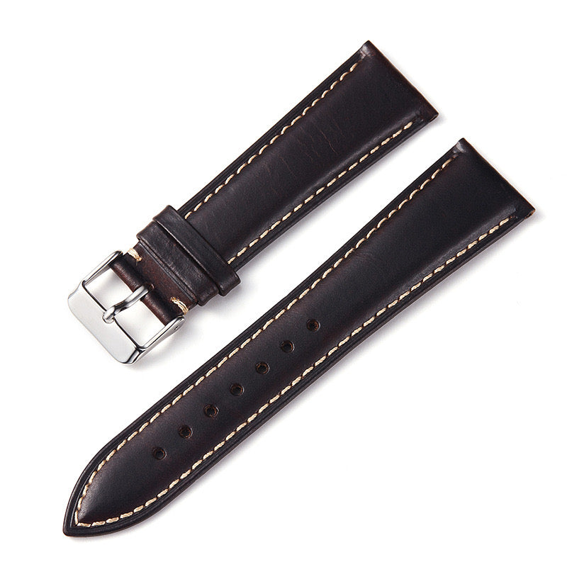 Leather Watch Strap with Stitches - Dark Brown