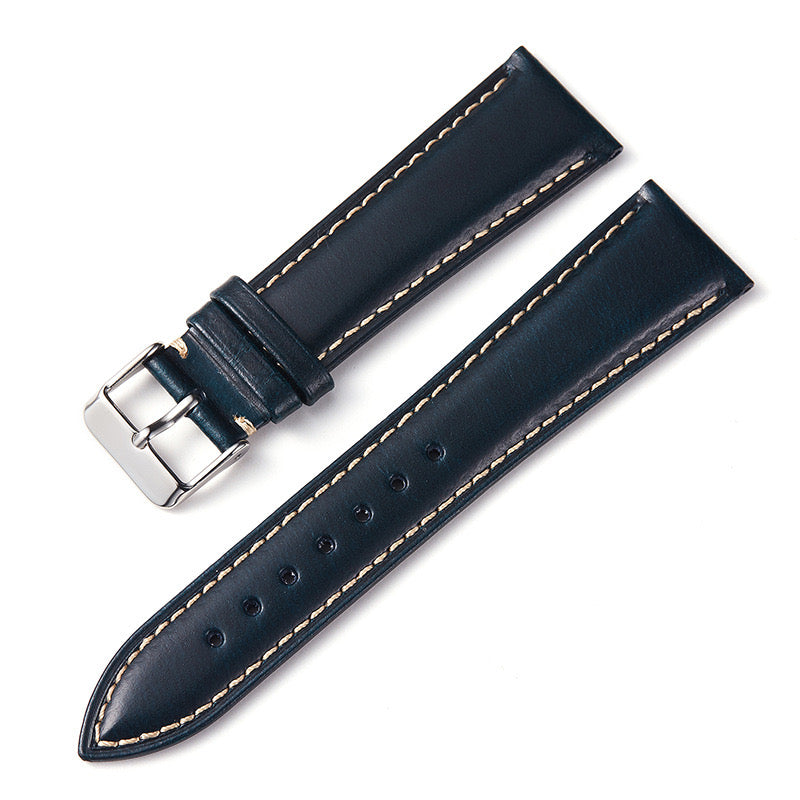 Leather Watch Strap with Stitches - Dark Blue