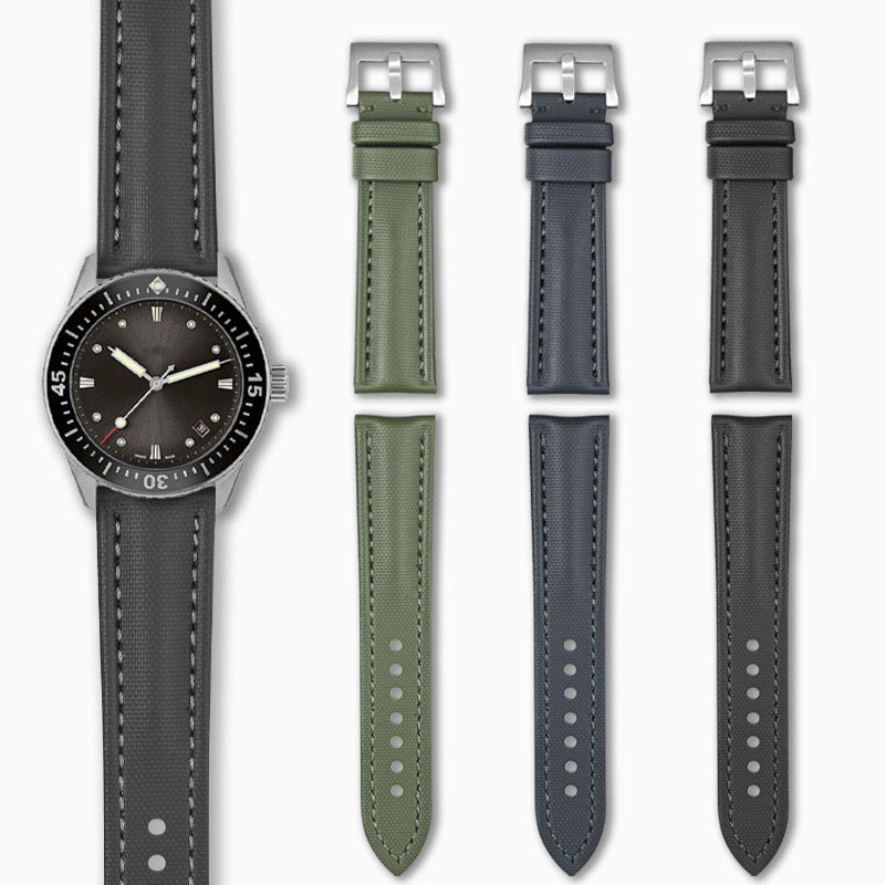 Sailcloth Nylon Watch Strap - Black with Black Stitches