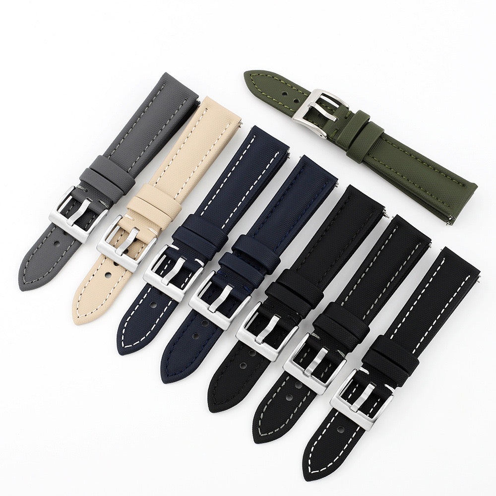 Sailcloth Nylon Watch Strap - Black with Blue Stitches