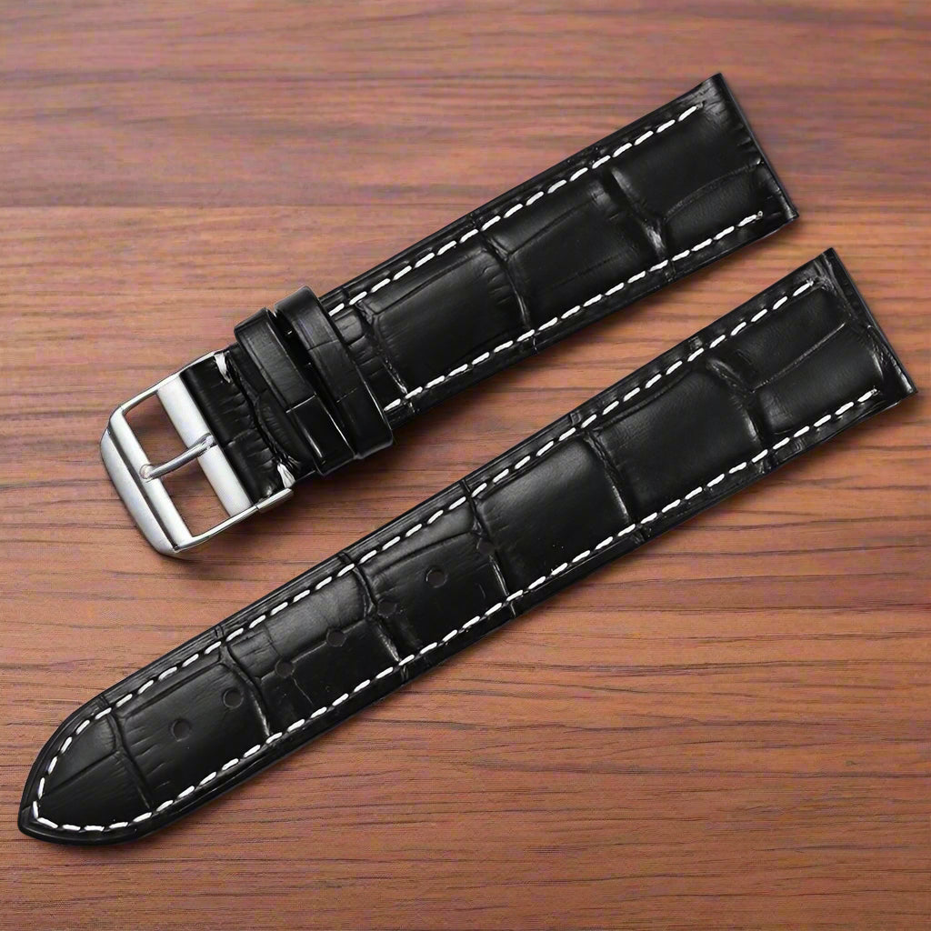 Crocodile Grain Cow Leather Watch Strap - Black