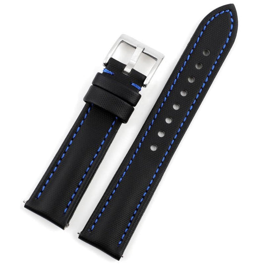 Sailcloth Nylon Watch Strap - Black with Blue Stitches