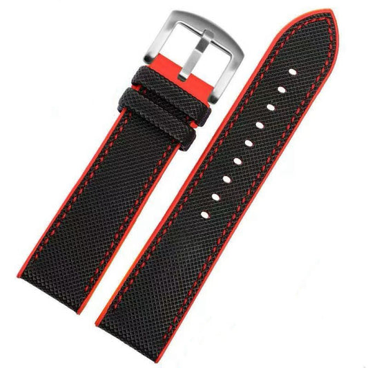 Sailcloth and FKM Watch Strap - Black with Red Stitches